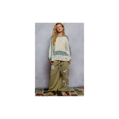 POL Round Neck Balloon Sleeve Ruffle Top