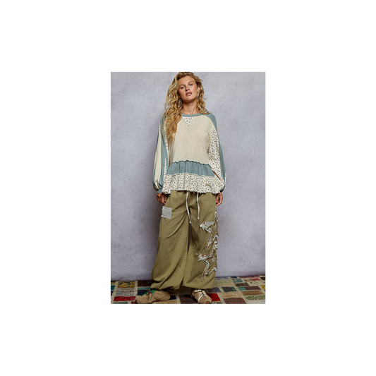 POL Round Neck Balloon Sleeve Ruffle Top