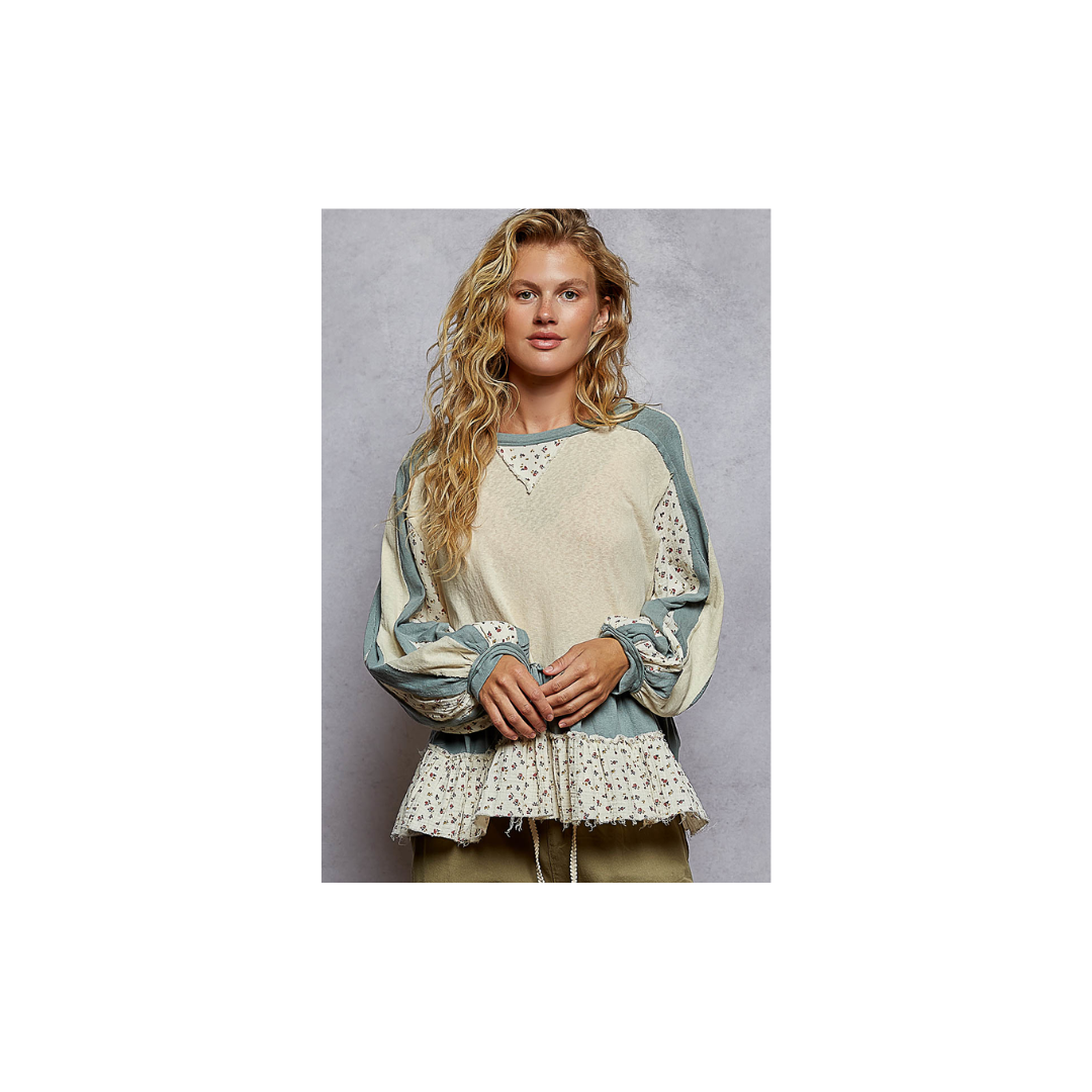 POL Round Neck Balloon Sleeve Ruffle Top