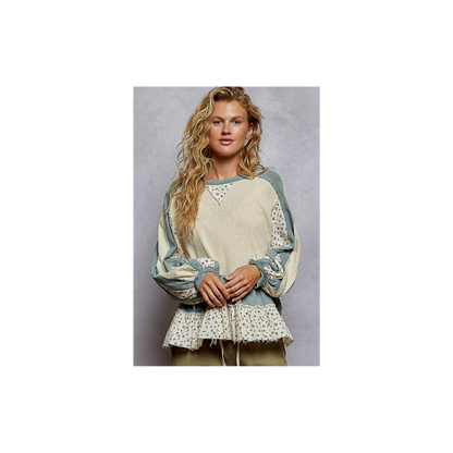 POL Round Neck Balloon Sleeve Ruffle Top