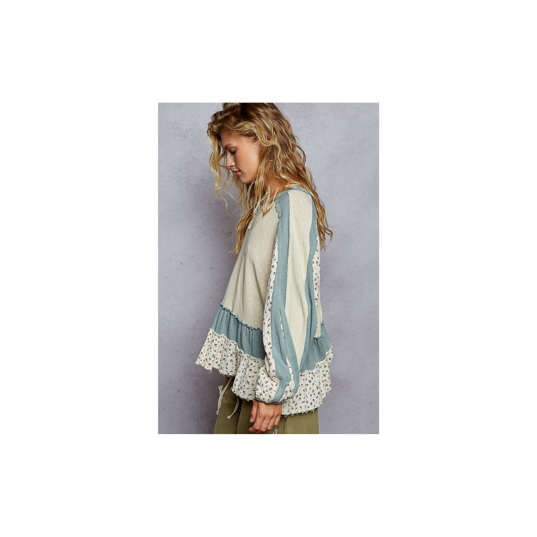 POL Round Neck Balloon Sleeve Ruffle Top