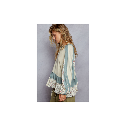 POL Round Neck Balloon Sleeve Ruffle Top