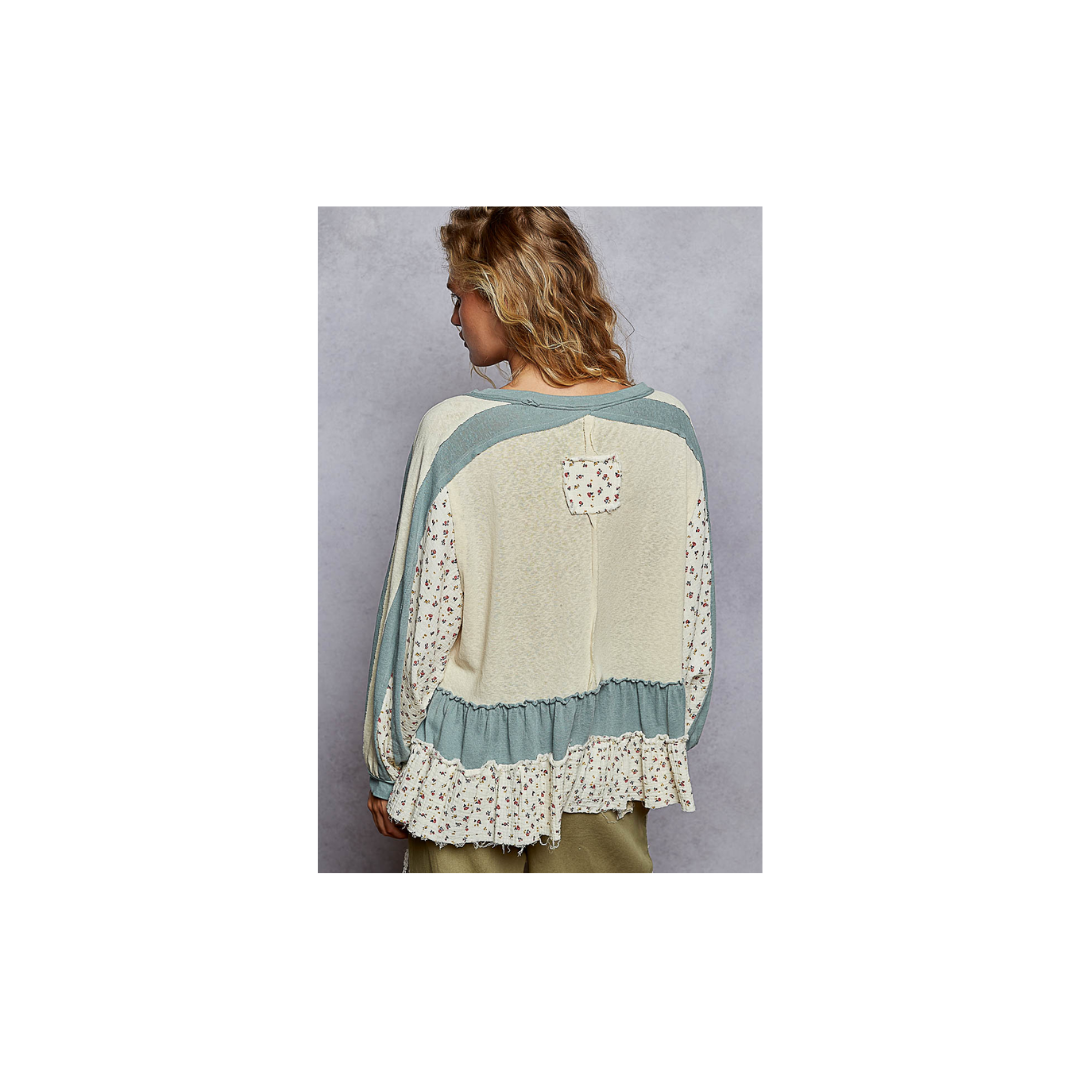 POL Round Neck Balloon Sleeve Ruffle Top