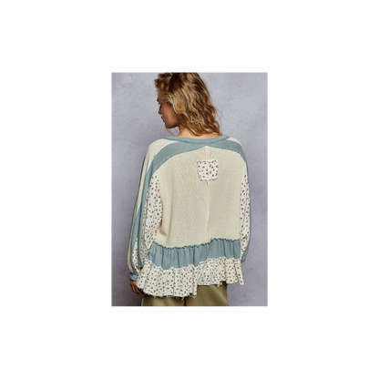 POL Round Neck Balloon Sleeve Ruffle Top