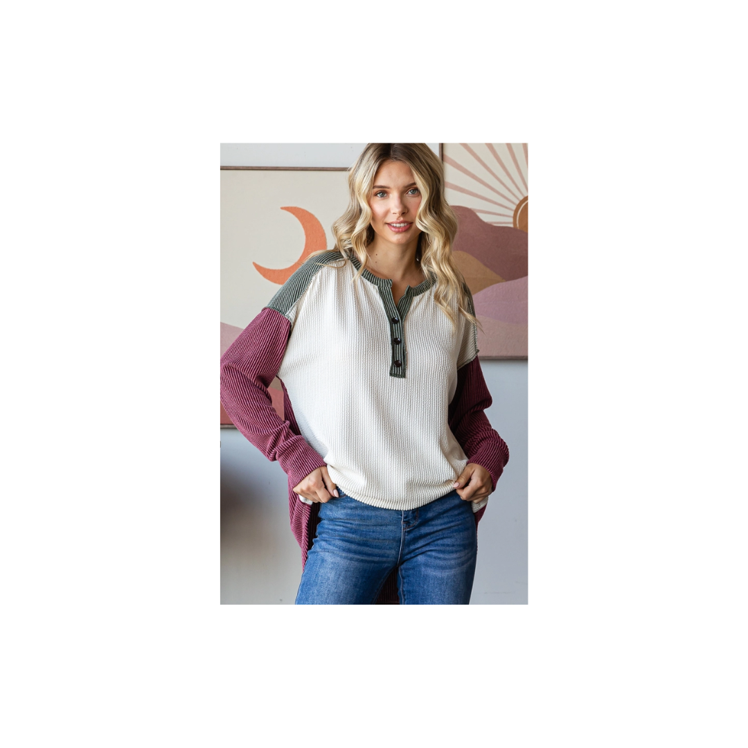 Rib Color Block Oversized Button Front Long Sleeve