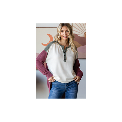 Rib Color Block Oversized Button Front Long Sleeve