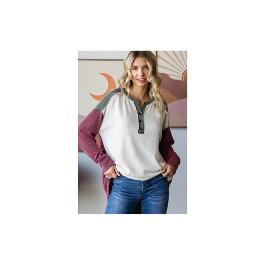 Rib Color Block Oversized Button Front Long Sleeve