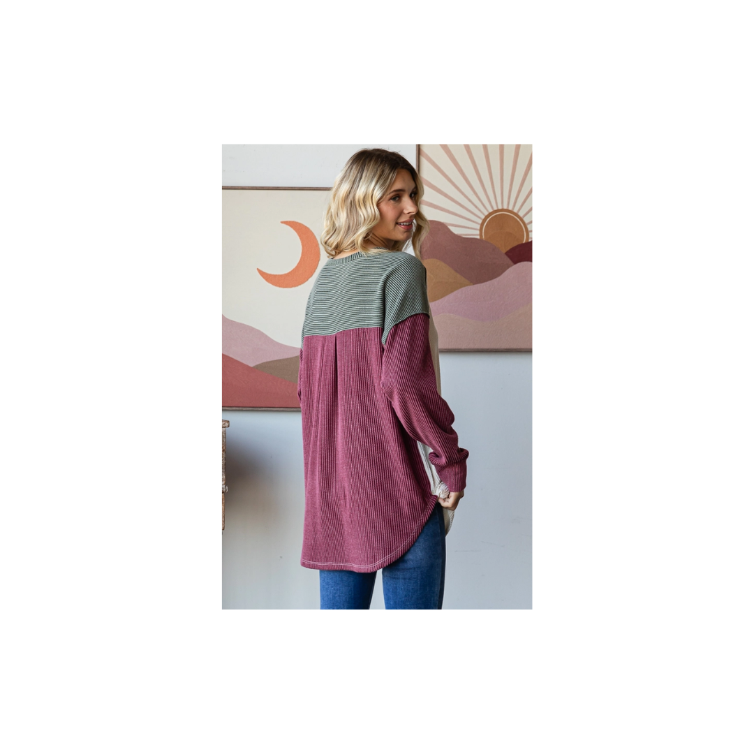 Rib Color Block Oversized Button Front Long Sleeve