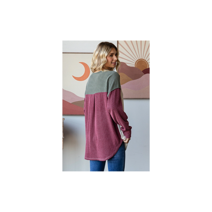 Rib Color Block Oversized Button Front Long Sleeve