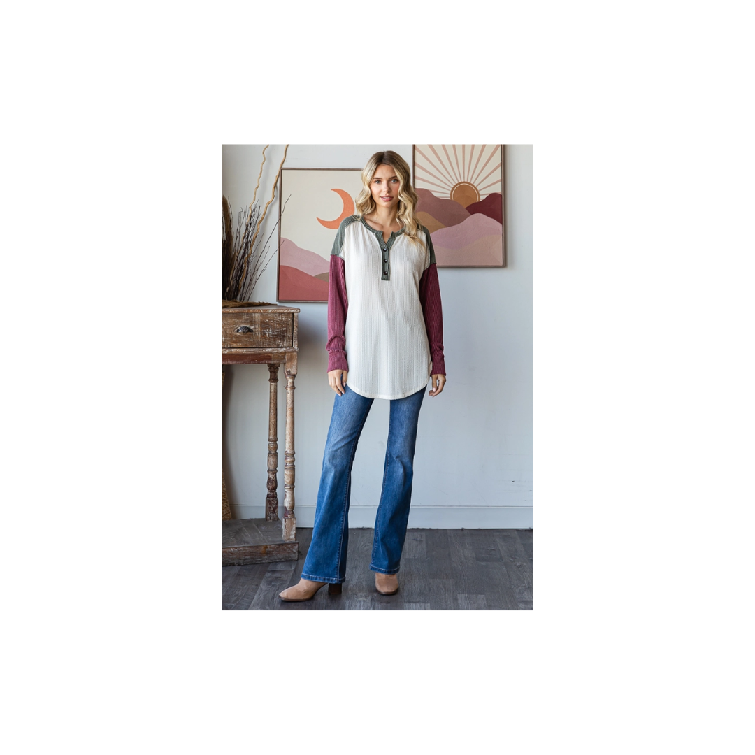 Rib Color Block Oversized Button Front Long Sleeve