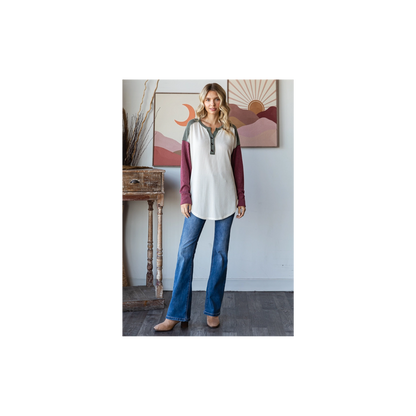 Rib Color Block Oversized Button Front Long Sleeve