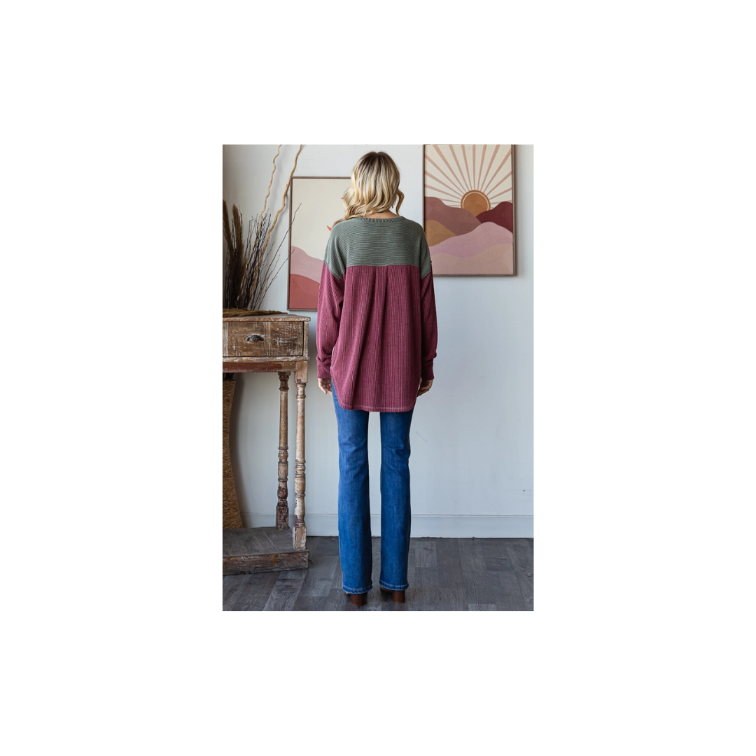 Rib Color Block Oversized Button Front Long Sleeve