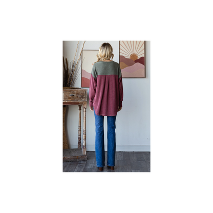 Rib Color Block Oversized Button Front Long Sleeve