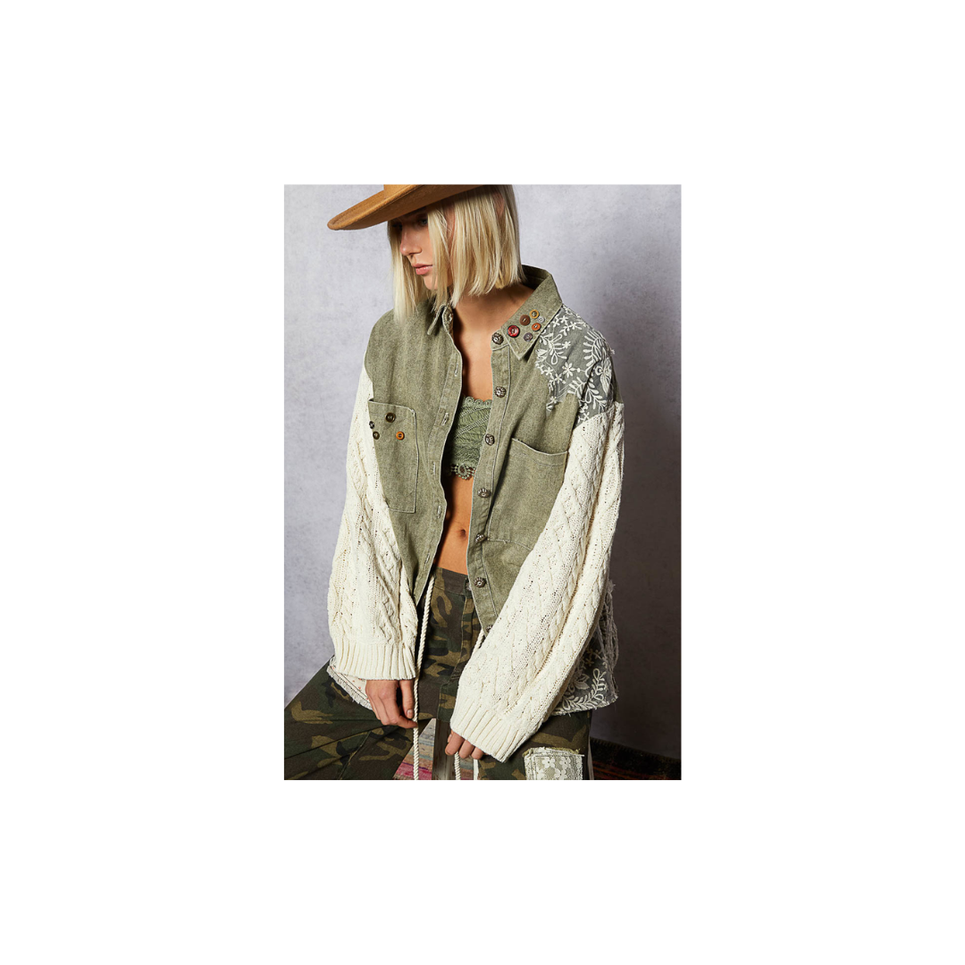 POL Lace Patchwork Button Shacket