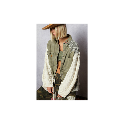 POL Lace Patchwork Button Shacket