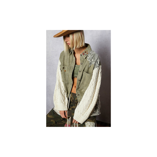 POL Lace Patchwork Button Shacket