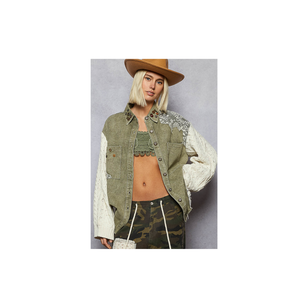 POL Lace Patchwork Button Shacket
