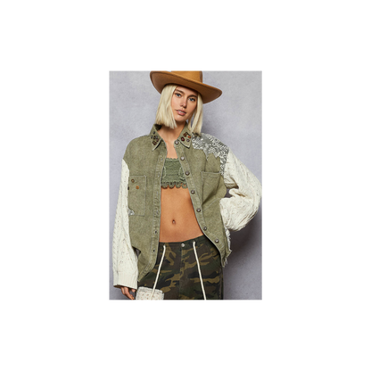 POL Lace Patchwork Button Shacket