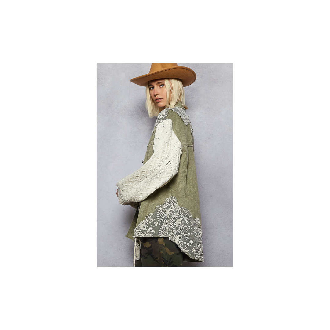 POL Lace Patchwork Button Shacket
