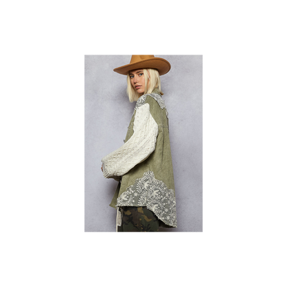 POL Lace Patchwork Button Shacket