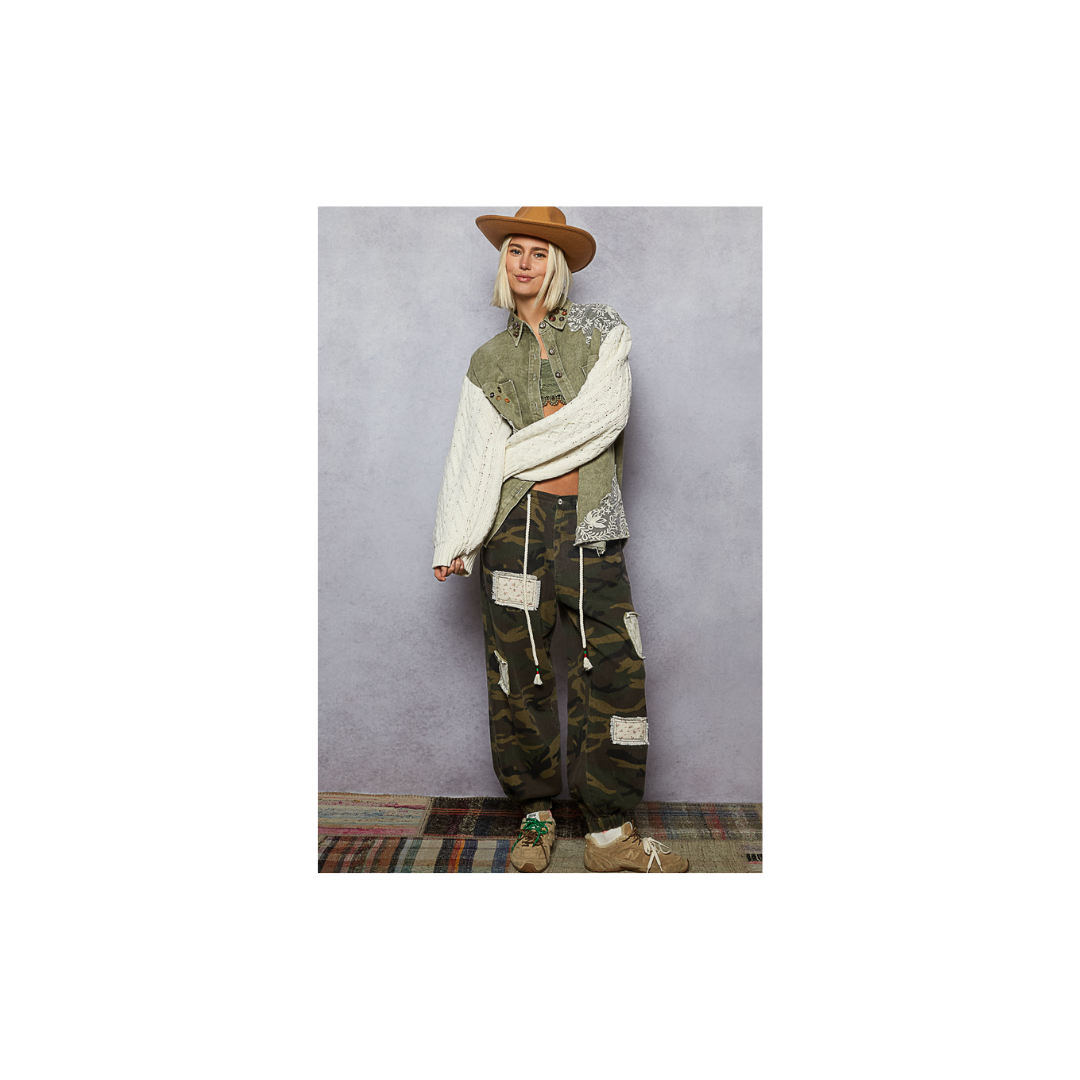 POL Lace Patchwork Button Shacket