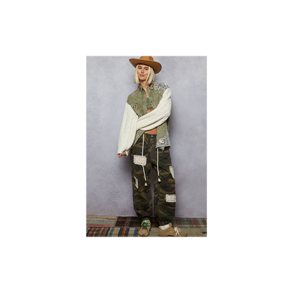 POL Lace Patchwork Button Shacket