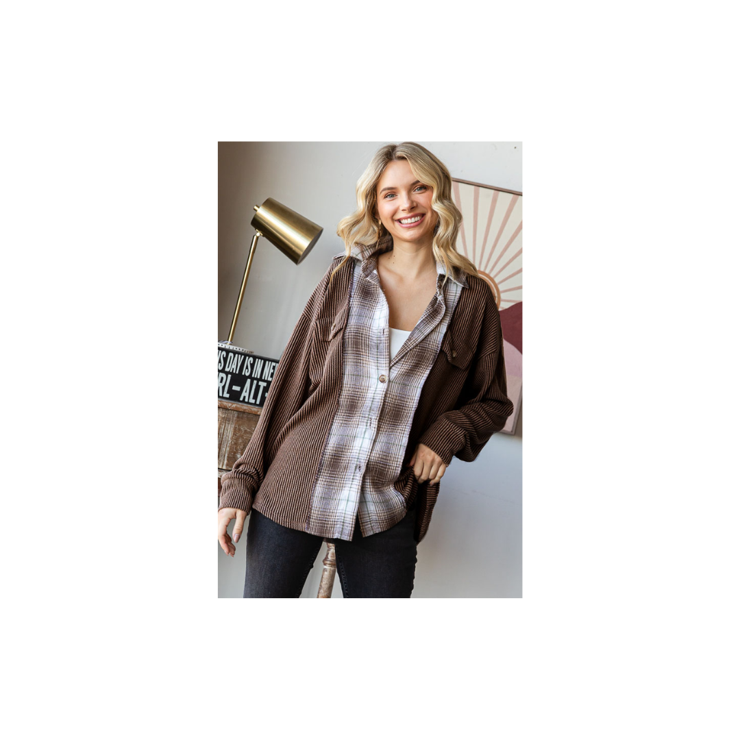 Rib Plaid Contrast Drop Shoulder Button Down