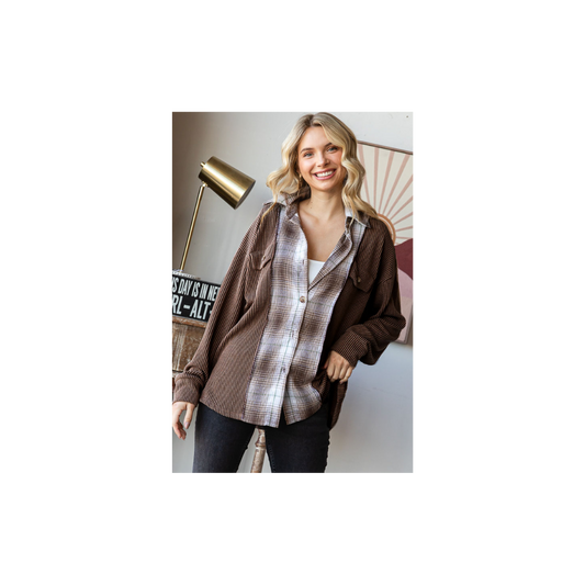 Rib Plaid Contrast Drop Shoulder Button Down