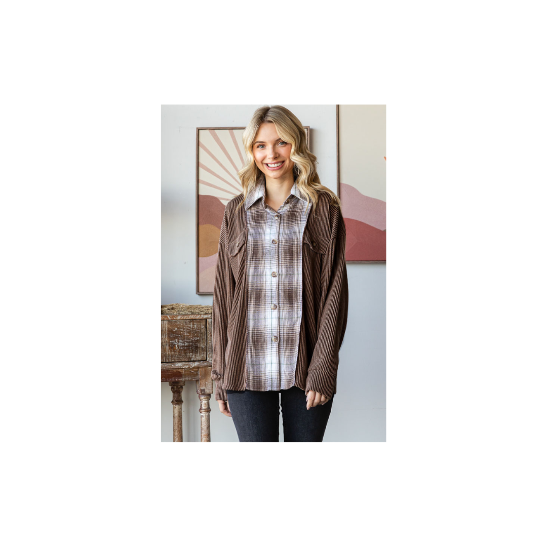 Rib Plaid Contrast Drop Shoulder Button Down