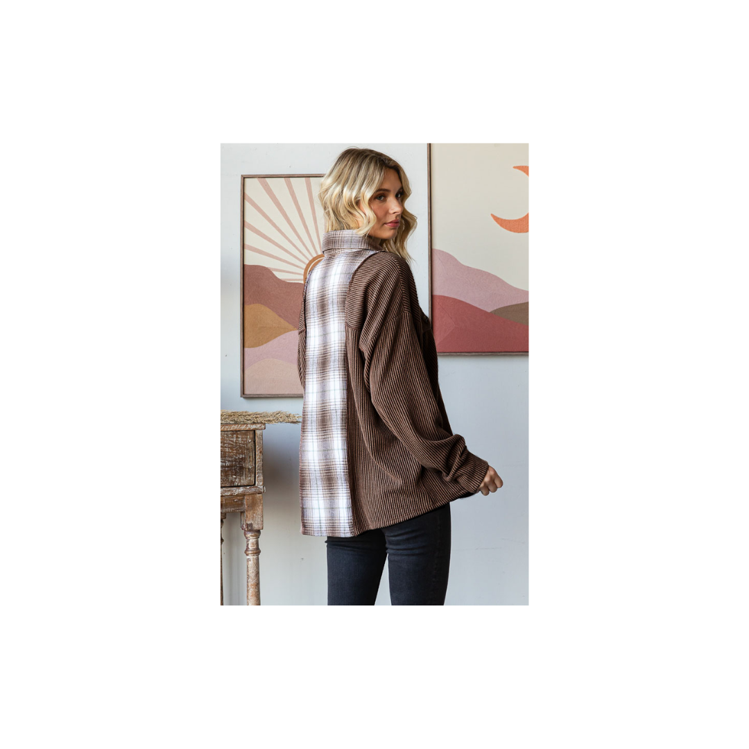 Rib Plaid Contrast Drop Shoulder Button Down