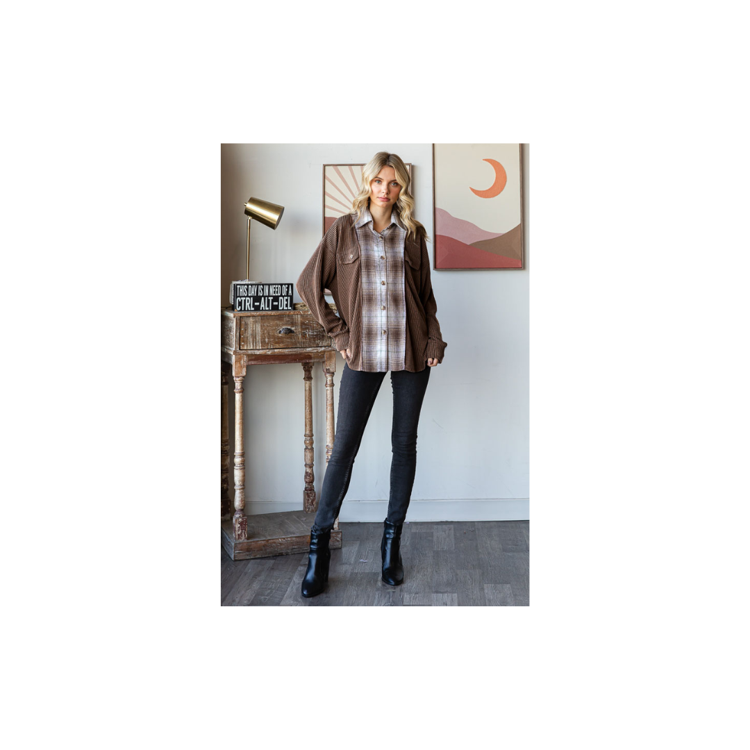 Rib Plaid Contrast Drop Shoulder Button Down