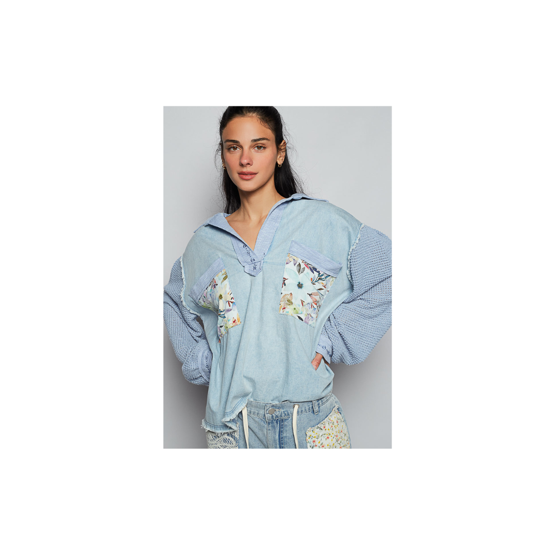 POL Balloon Sleeve Denim Floral Top