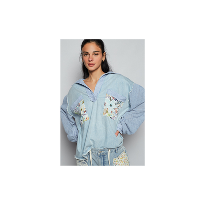 POL Balloon Sleeve Denim Floral Top