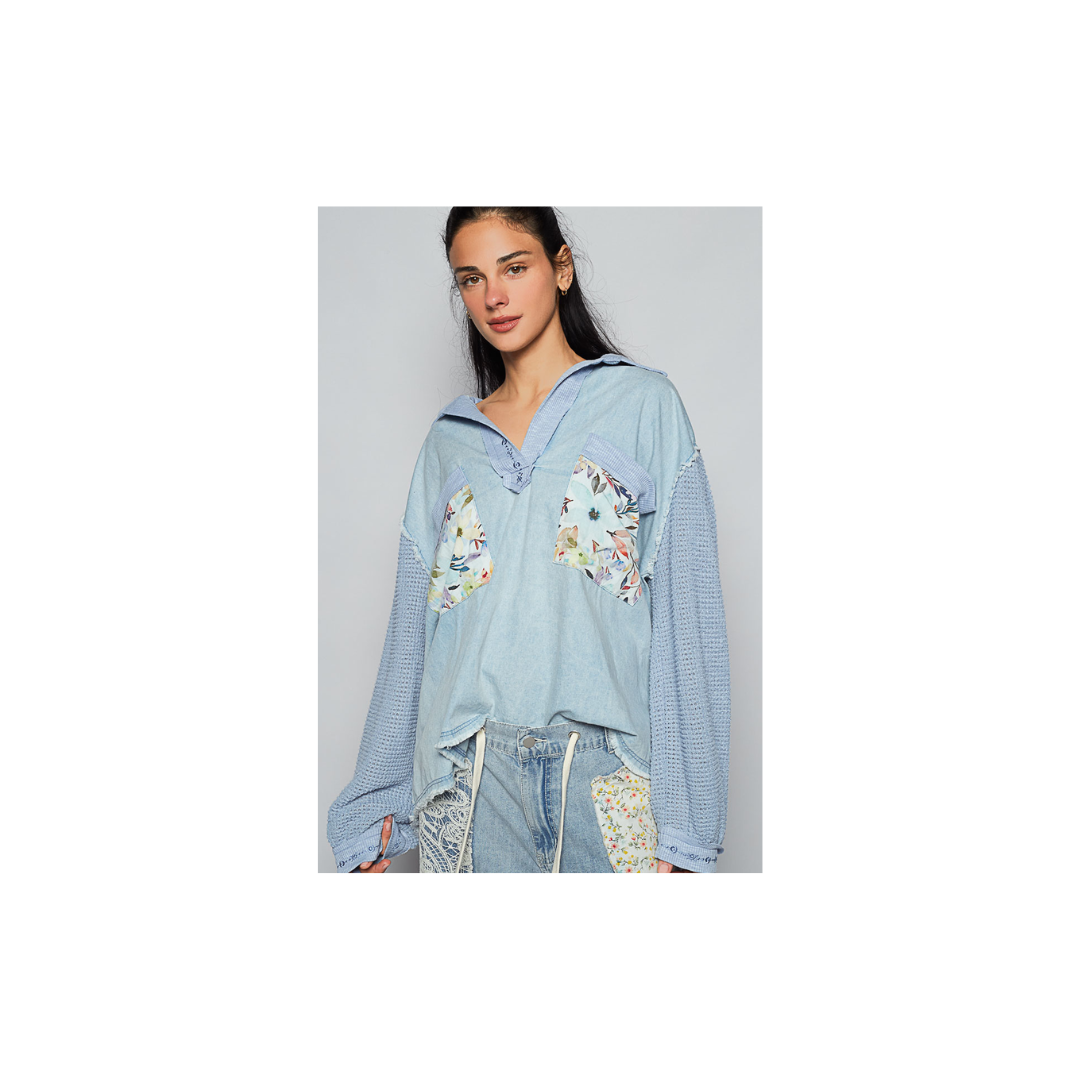 POL Balloon Sleeve Denim Floral Top