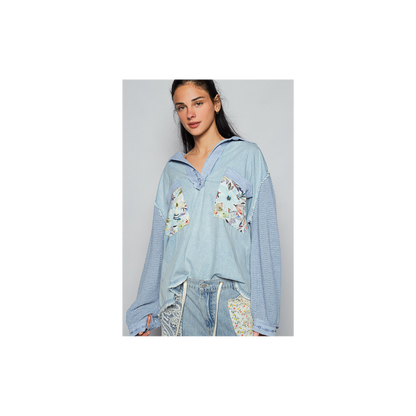 POL Balloon Sleeve Denim Floral Top