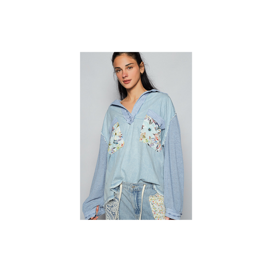 POL Balloon Sleeve Denim Floral Top