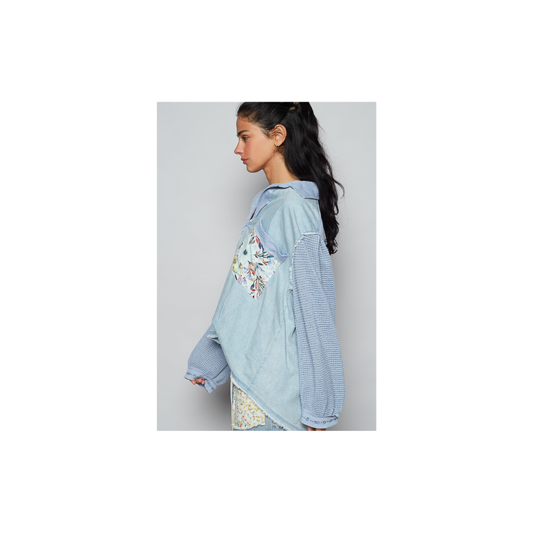 POL Balloon Sleeve Denim Floral Top