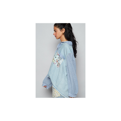 POL Balloon Sleeve Denim Floral Top