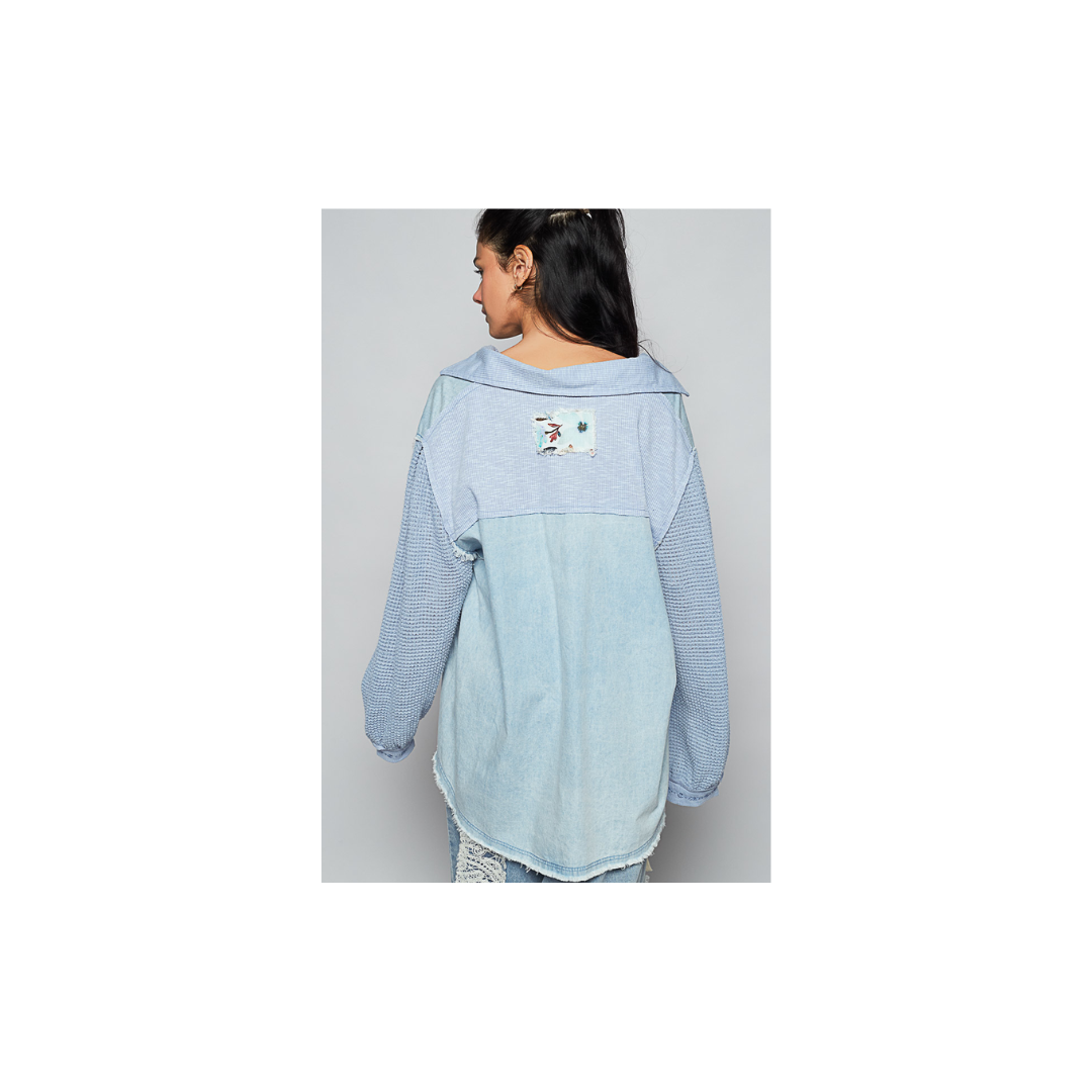 POL Balloon Sleeve Denim Floral Top