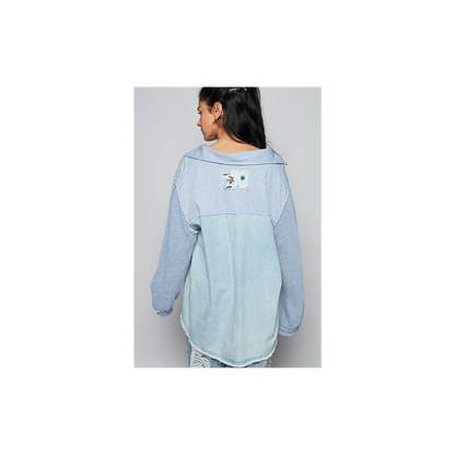 POL Balloon Sleeve Denim Floral Top