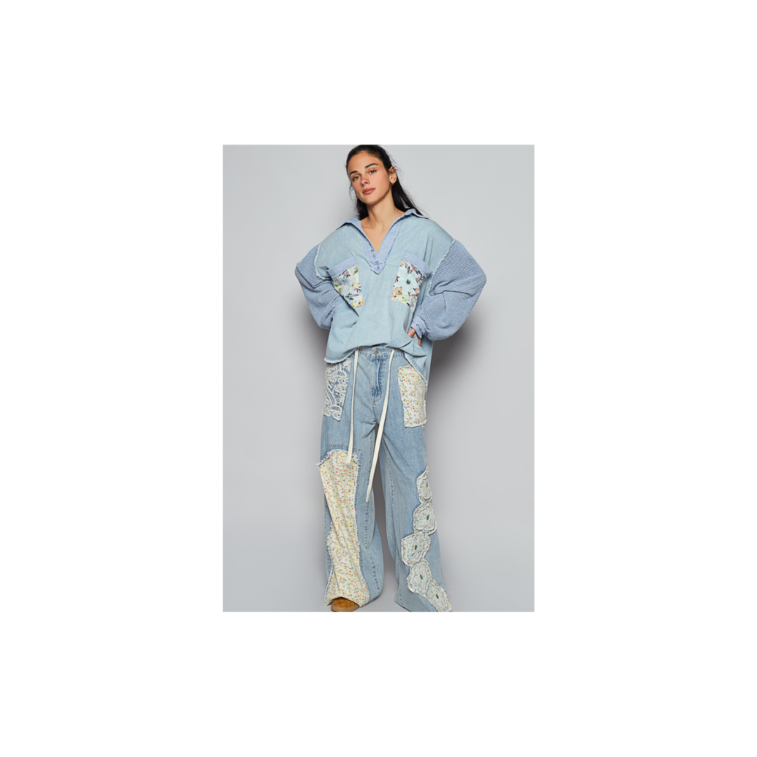 POL Balloon Sleeve Denim Floral Top