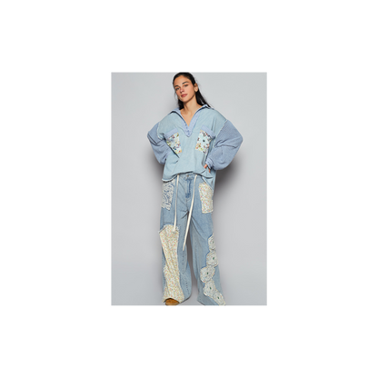 POL Balloon Sleeve Denim Floral Top