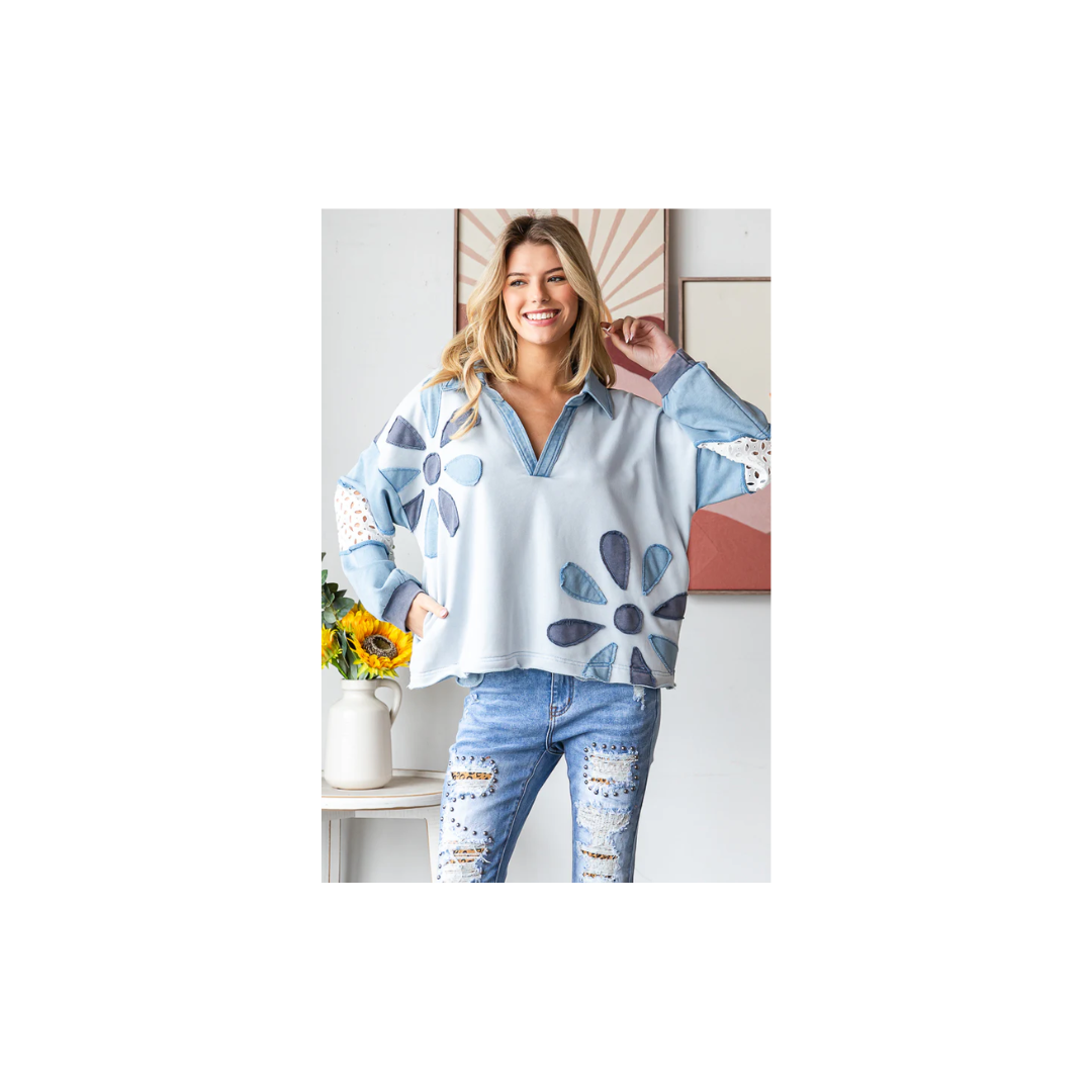 Oli & Hali WASHED DAISEY PATCHWORK V NECK LONG SLEEVE TOP