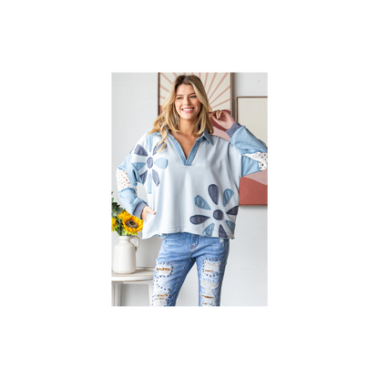 Oli & Hali WASHED DAISEY PATCHWORK V NECK LONG SLEEVE TOP