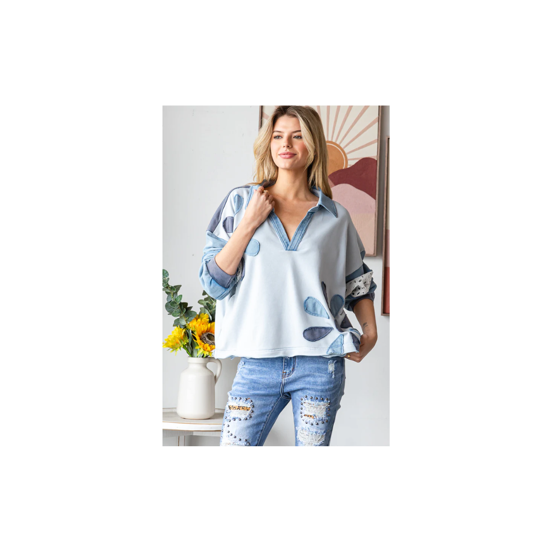 Oli & Hali WASHED DAISEY PATCHWORK V NECK LONG SLEEVE TOP