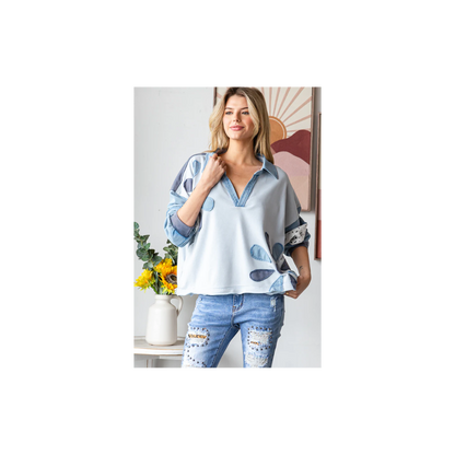 Oli & Hali WASHED DAISEY PATCHWORK V NECK LONG SLEEVE TOP