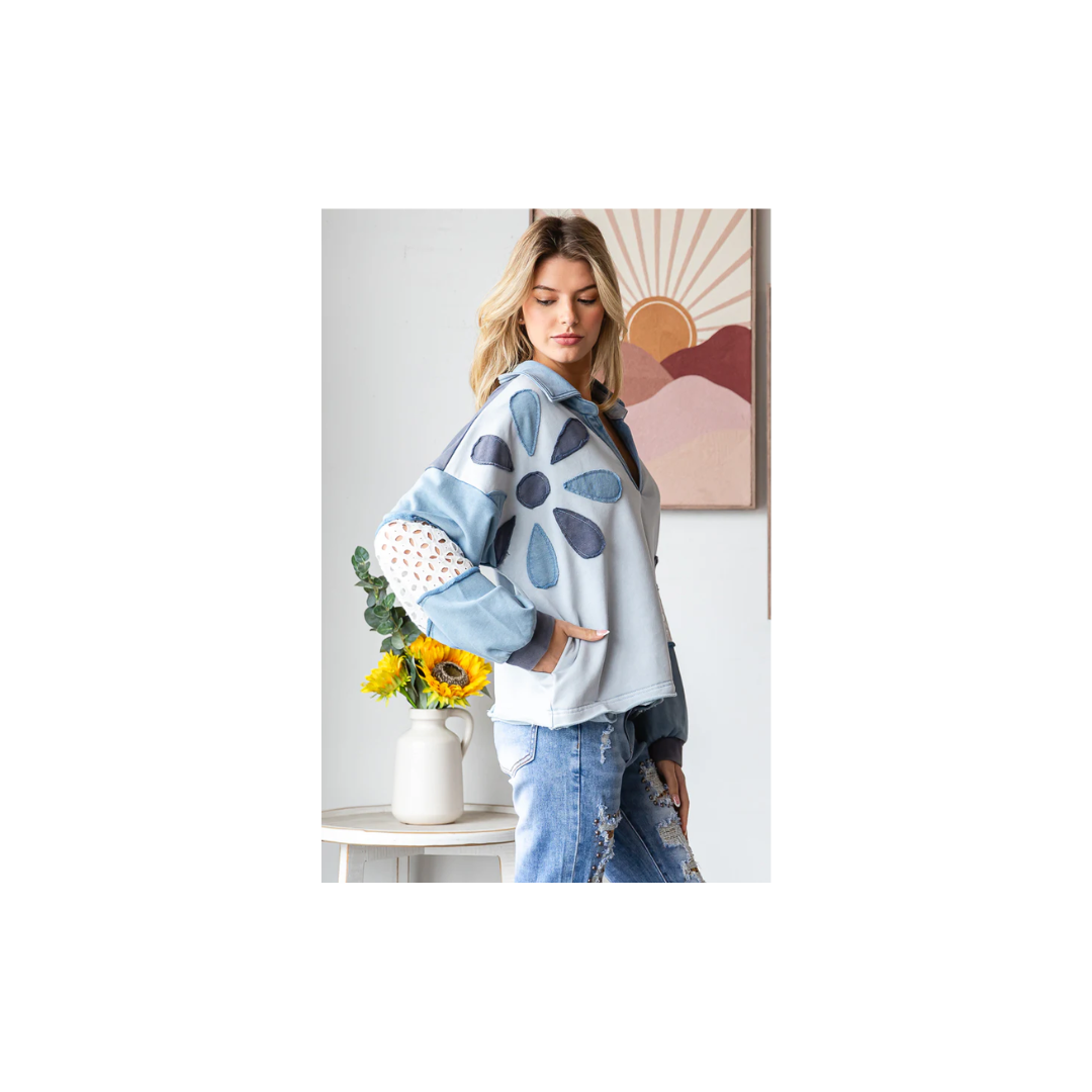 Oli & Hali WASHED DAISEY PATCHWORK V NECK LONG SLEEVE TOP