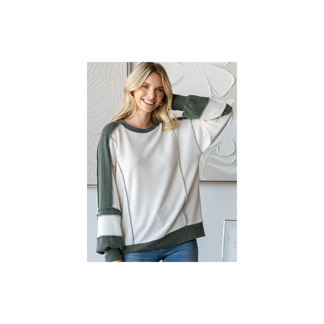 Waffle Knit Rib Contrast Banded Hem Pullover Top