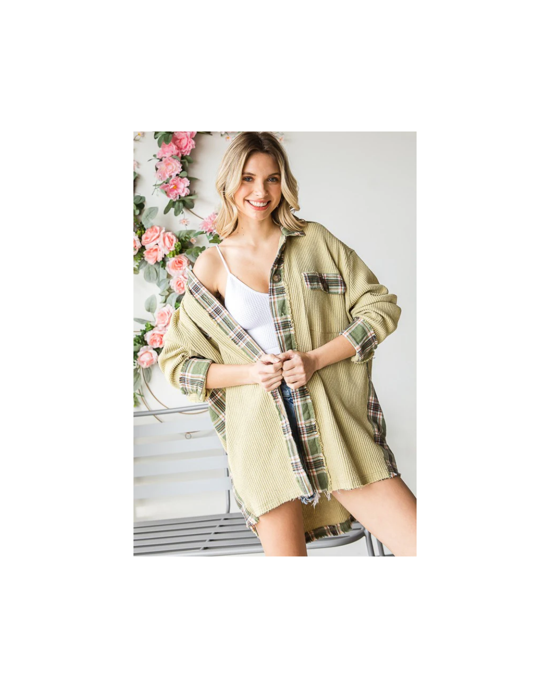Oli & Hali WASHED PLAID CONTRAST DETAIL WAFFLE SHACKET