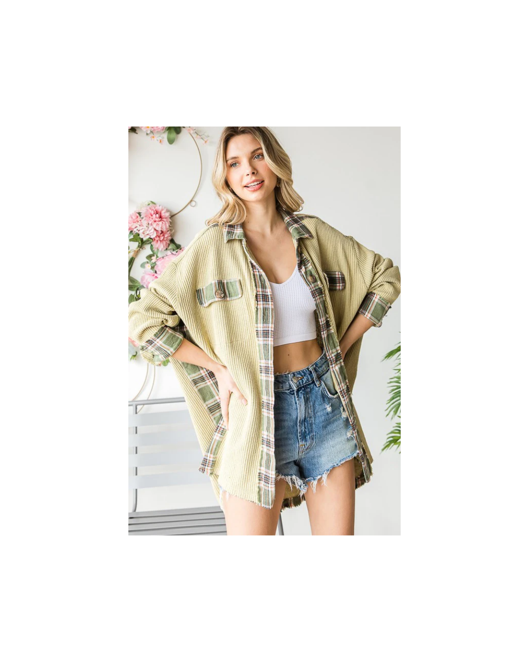 Oli & Hali WASHED PLAID CONTRAST DETAIL WAFFLE SHACKET